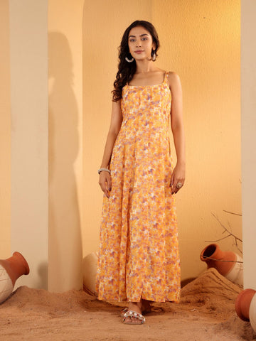 Varanga Women Yellow Georgette Printed Strap Style Anarkali Kurta With Dupatta